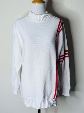 Kilkeel Knitting Mills Vintage White Crewneck Sweater with Red Varsity Stripes